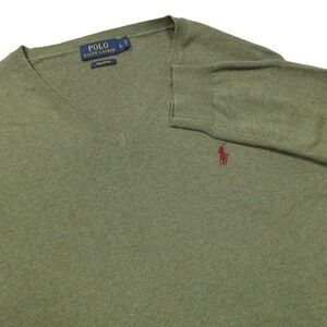 POLO RALPH LAUREN Men's L Olive Green Pima Cotton V Neck Long Sleeve Sweater